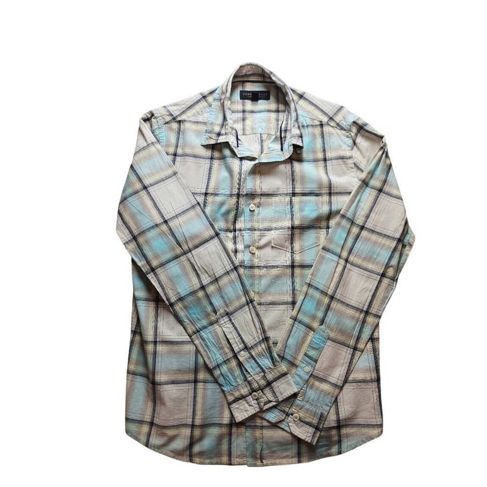 Aeropostale Mens‎ Small Blue Tan Plaid Long Sleeve Button Down Cotton Shirt